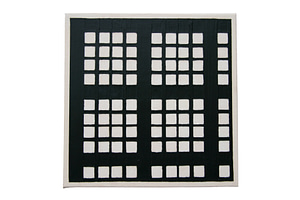 Image description: A square canvas with raised black strips of paint in a grid design.