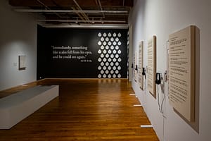 An install view of the front of the exhibition. Straight ahead is a black wall with the text, "Immediately, something like scales fell from his eyes, and he could see again. Acts 9:18a," in white and a pattern of scale prints displayed to the right.