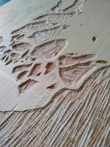 An in progress image of a woodcut carving of Inkblot No. 3.