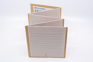 Image description: A back angle of the open accordion book. There is a translucent vellum slip with embossed lines for journalling. Braille label makers may be used to emboss Braille stickers to adhere to this page.