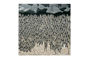 Image description: A square wood panel that has been painted black and carved into two sections. The bottom is almost completely carved and exposing the wood, and the midsection has been carved into vertical strips. The top third of the panel has been left black with layers of wax applied on top.