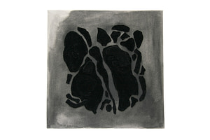 Image description: A square canvas with a dark grey wash and sewn with organic shapes of velvet.