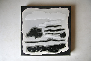 a square canvas with black edges and a roughly shaped square made of Dura-lar film covering the centre. Thick shapes of acrylic paint are exposed through holes and organic shapes of Dura-lar film are stitched on top of empty spaces.