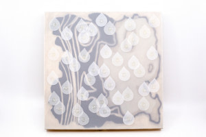 Image description: An artwork is veiled with a removable frosted Dura-lar film sleeve, blurring the painting behind. Small removeable teardrop shapes, also made of Dura-lar film, have Braille words scattered on the sleeve.